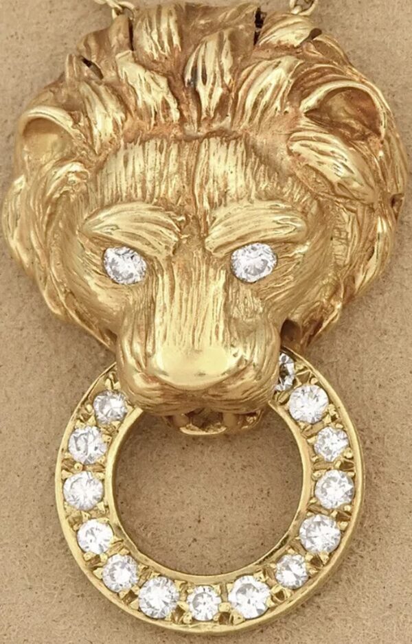 18K Yellow Gold Genuine Diamond Lionhead Door Knocker Pendant