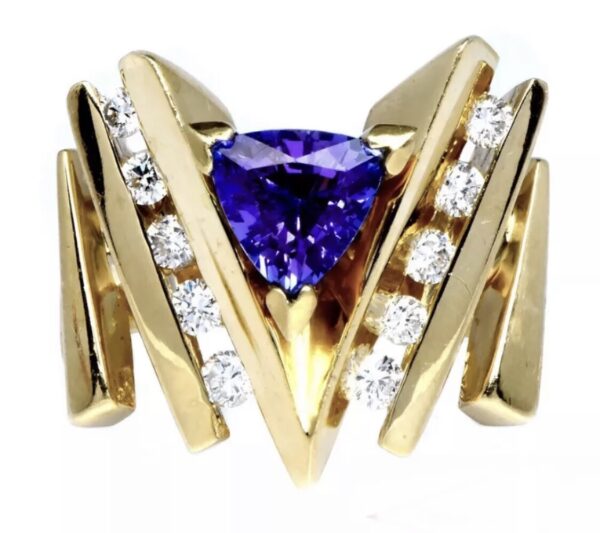 14K Yellow Gold Genuine Tanzanite & Diamond Modernist Ring