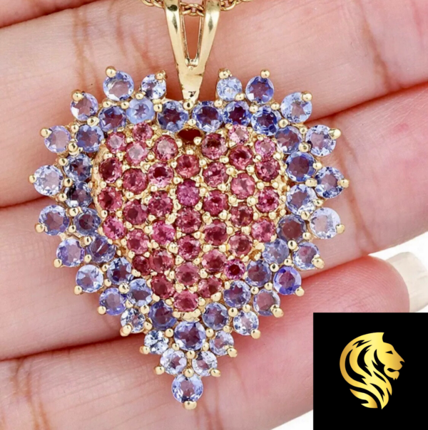 14K Yellow Gold Genuine Tanzanite & Tourmaline Heart Pendant Necklace