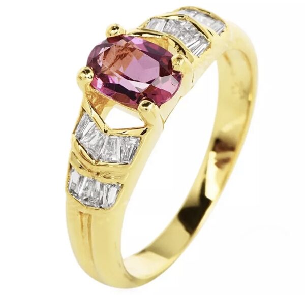 18K Yellow Genuine Gold Pink Tourmaline & Diamond Chevron Ring