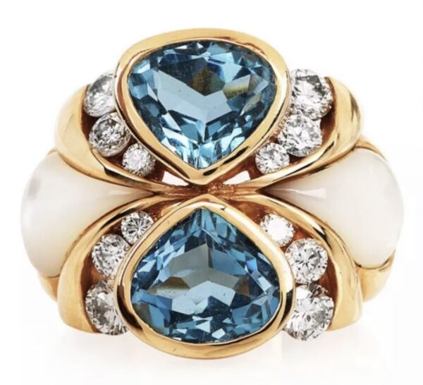 14K Yellow Gold Genuine Blue Topaz, Diamond & MOP Ring