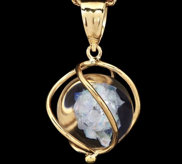 14K Yellow Gold Floating Genuine Opal Sphere Pendant Necklace