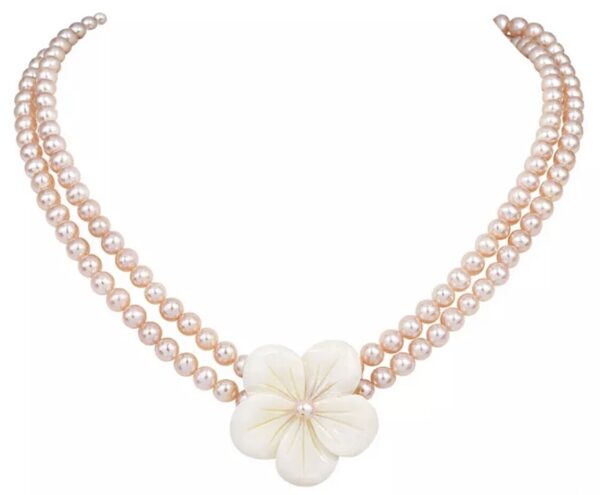 14K Yellow Gold Genuine Pink Pearl & MOP Flower Pendant Necklace