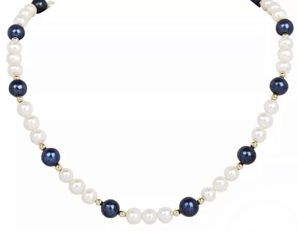 14K Yellow Gold Genuine White And Blue Pearl Beaded Necklace