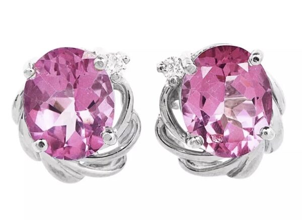 14k White Gold Genuine Pink Topaz & Diamond Stud Earrings