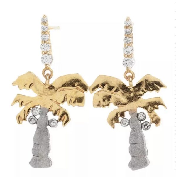 14K Gold Genuine Diamond Palm Tree Dangle Drop Earrings