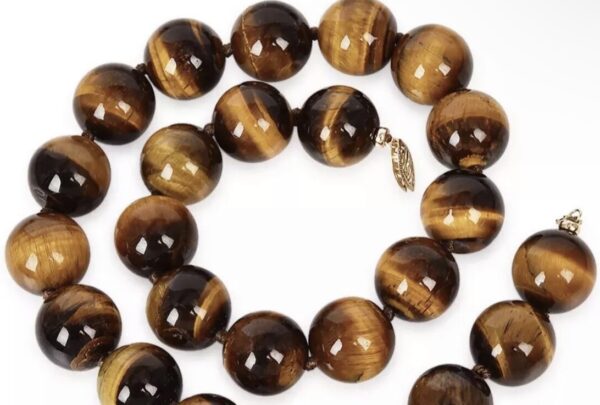 14K Yellow Gold Genuine Tiger’s Eye Beaded Necklace