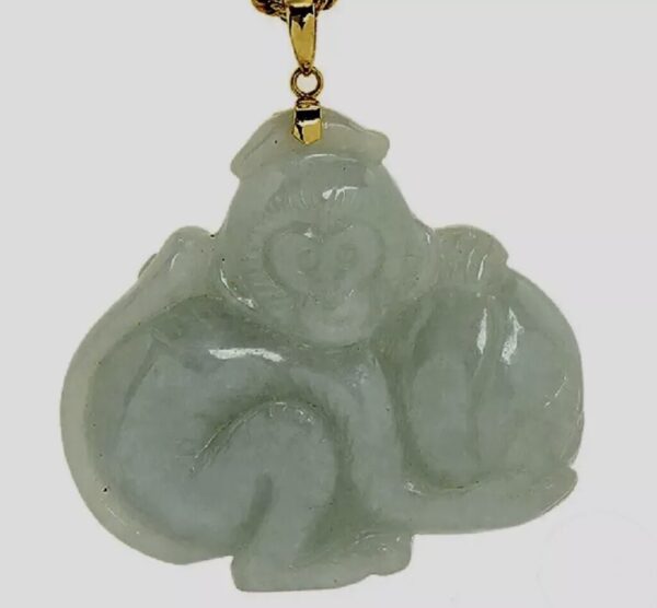 14K Yellow Gold Hand-Carved Genuine Jade Monkey Pendant