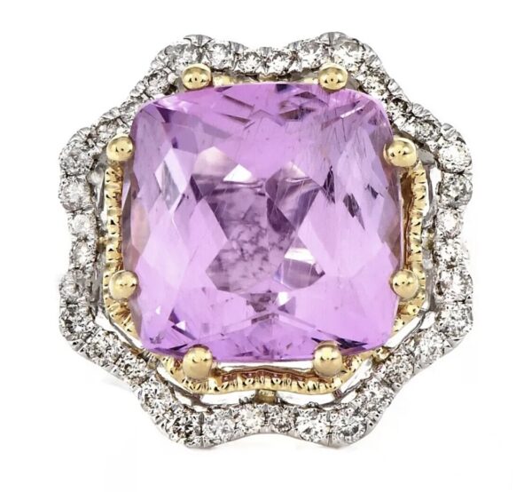 14K Gold Genuine Kunzite & Diamond Floral Ring