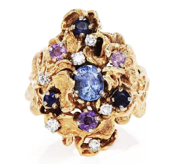 14K Yellow Gold Genuine Multicolor Sapphire & Diamond Ring